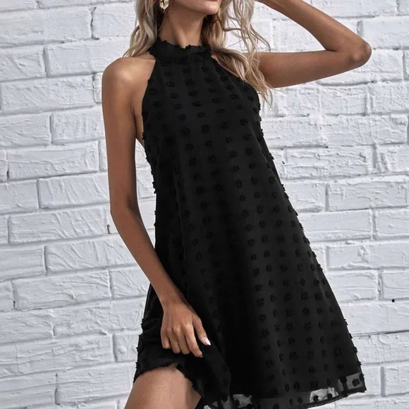 Boho Black Swiss Dot Halter Mini Dress - Picture 1 of 5